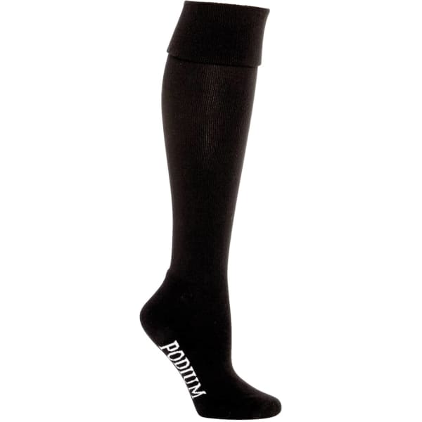 A long black sock featuring a logo at the ankle, designed for sport use.