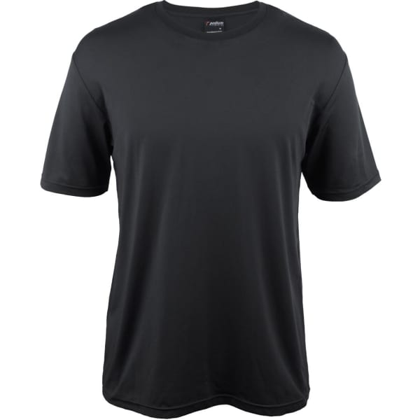 A black short-sleeve tee with a relaxed fit, featuring a logo on the label.