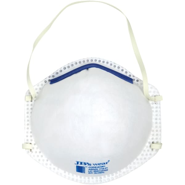 A white respirator mask with a blue strip and straps, featuring a logo on the front.
