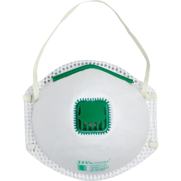 A white respirator mask with a green valve and elastic straps. It features a logo on the front.