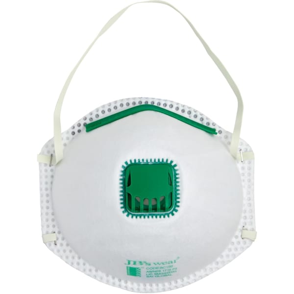 A white respirator mask with a green valve and straps, featuring a logo on the front.
