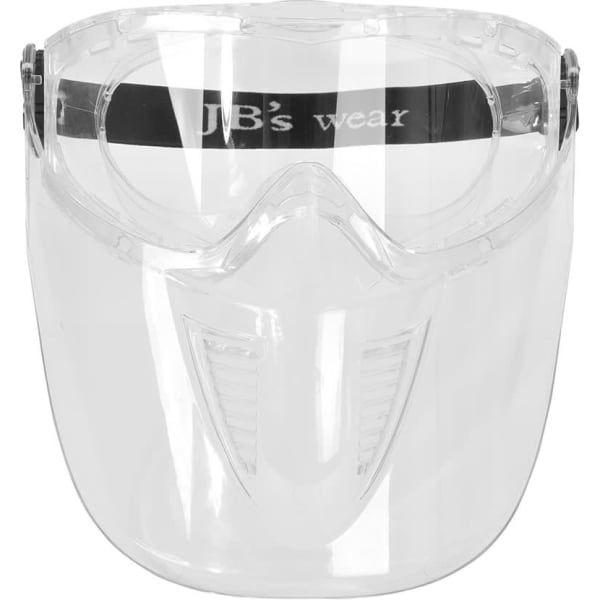 A clear mask and goggle combination with a transparent face shield and adjustable straps. It features a logo on the front.