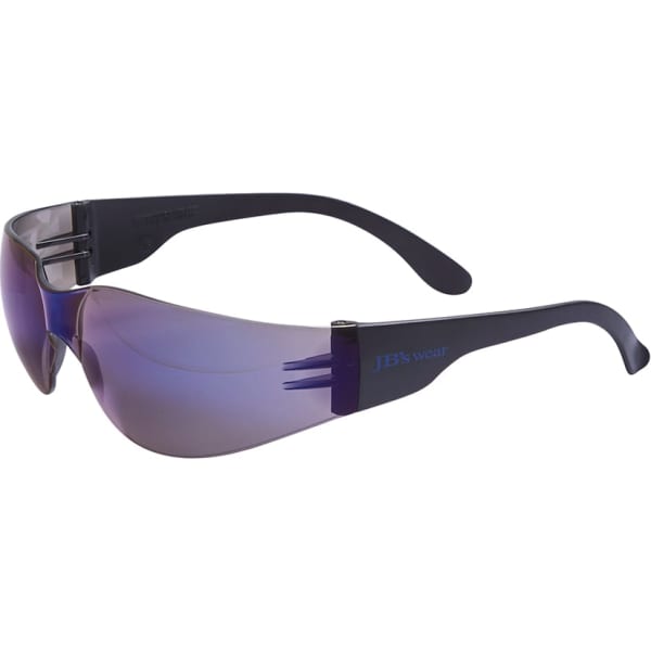 A pair of purple-tinted safety glasses with a sleek design and a logo on the side.