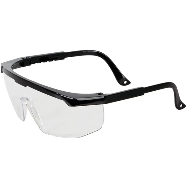 A pair of clear safety glasses with a black frame, featuring a logo on the side.