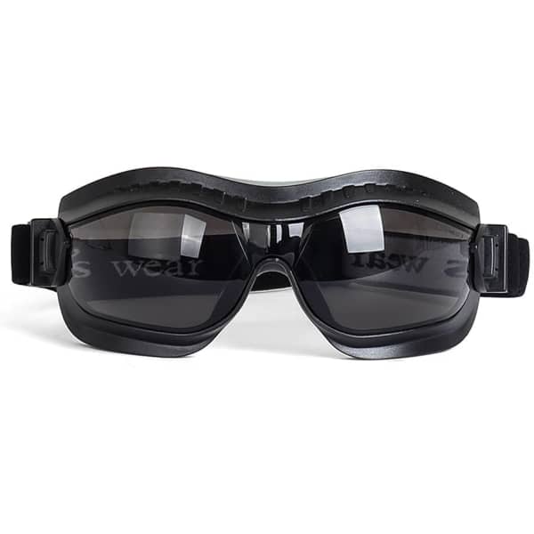A pair of black safety goggles featuring an adjustable strap and a sleek design.