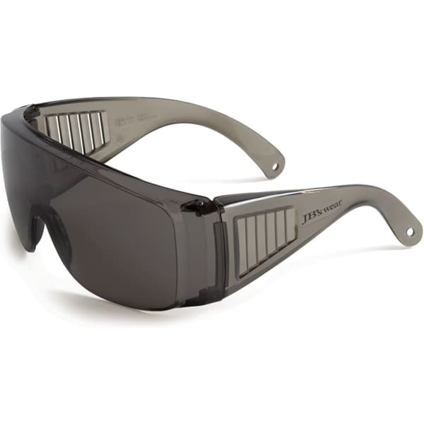 Sunglasses with a dark grey lens and grey frames, featuring a logo on the side.