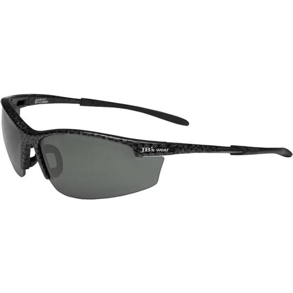 A pair of black seafarer sunglasses with polarised lenses and a sleek design, featuring a logo on the side.