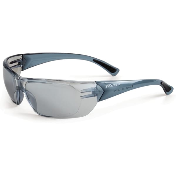 Protective eyewear features a blue frame with mirrored grey lenses. Includes a branding logo on the side.