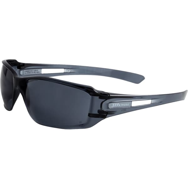 A pair of black sunglasses with a sleek design and transparent accents. Features a logo on the side.