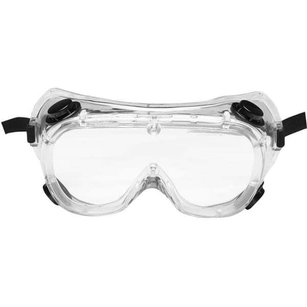 A pair of clear vented goggles with adjustable straps, featuring a sturdy design and a logo on the side.
