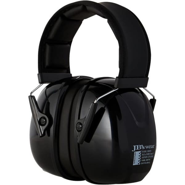 A pair of black ear muffs with a padded headband and a logo on the side.