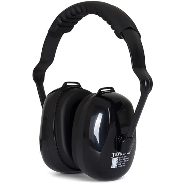 A pair of black ear muffs with a padded headband and adjustable features, featuring a logo on the side.