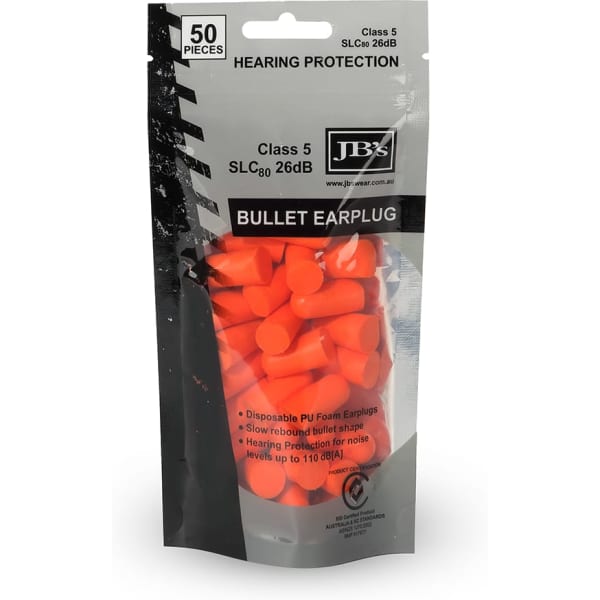 A pack of orange bullet-shaped earplugs, containing 50 disposable foam pieces for hearing protection.