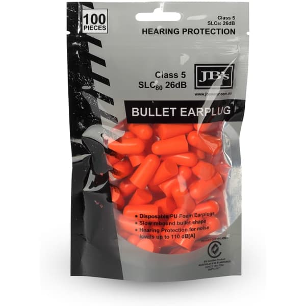 A pack of 100 bullet-shaped earplugs in bright orange for hearing protection, featuring a logo.