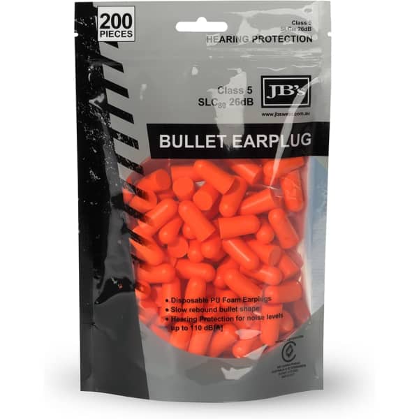 A package containing 200 orange bullet-shaped earplugs for hearing protection, featuring a logo.