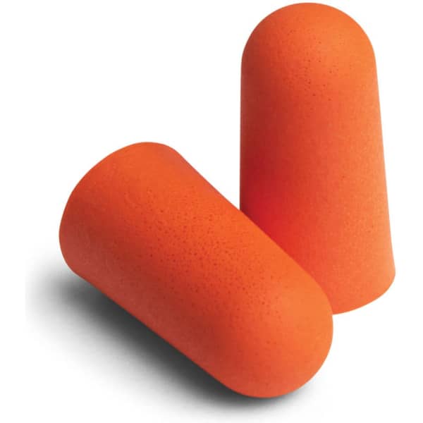 Two orange earplugs positioned together, featuring a smooth, rounded design.