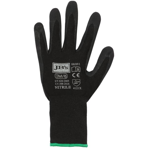 A black nitrile glove with a green cuff, featuring five fingers and a textured surface. Includes a branding logo.