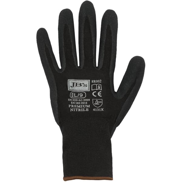 A black nitrile glove with a textured grip and a branded logo, featured on a white background.