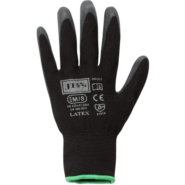 A black latex glove with a green cuff, featuring a textured grip on the fingers and branded logo.