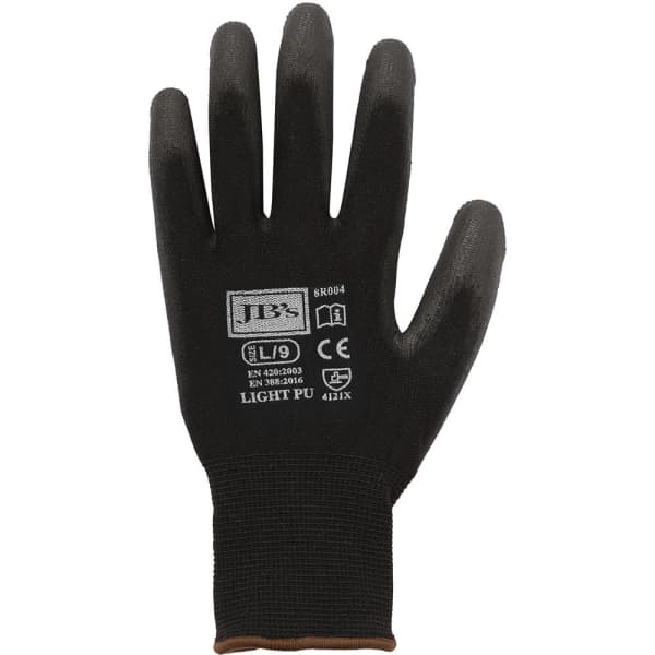 A black glove featuring a textured surface and a wrist cuff, with a logo and certification markings visible.