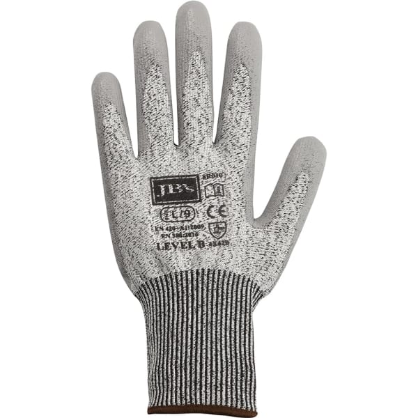 A grey cut-resistant glove with a ribbed cuff and a logo, designed for safety and durability.