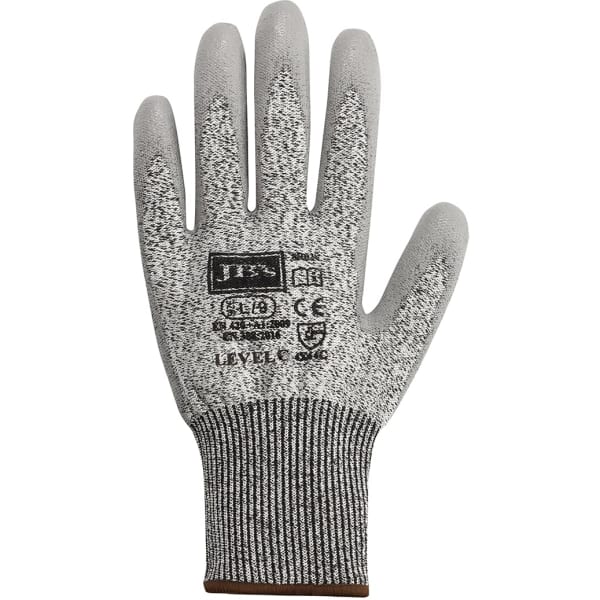 A pair of grey gloves with a textured surface and a knitted wrist for a snug fit, featuring a label with a logo.