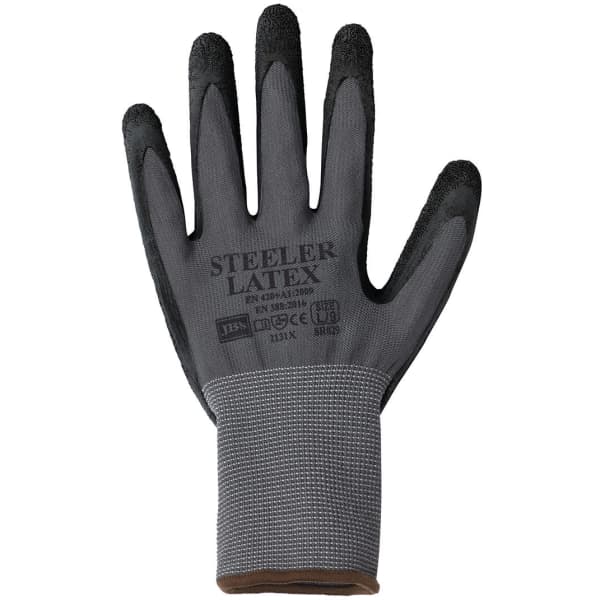 A grey and black latex glove with a textured surface and a patterned wrist cuff, featuring a logo.