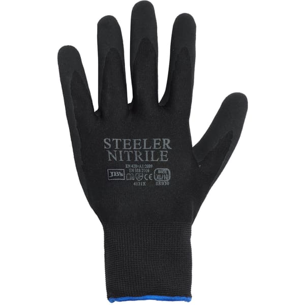 A black nitrile glove with a textured surface, featuring a logo on the back. Ideal for multi-purpose use.