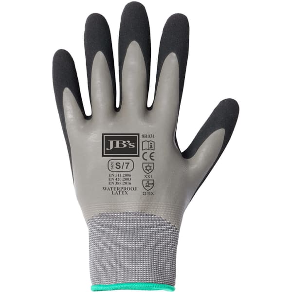 A glove in grey and black with a waterproof latex coating and a textured grip. It has a branded logo.
