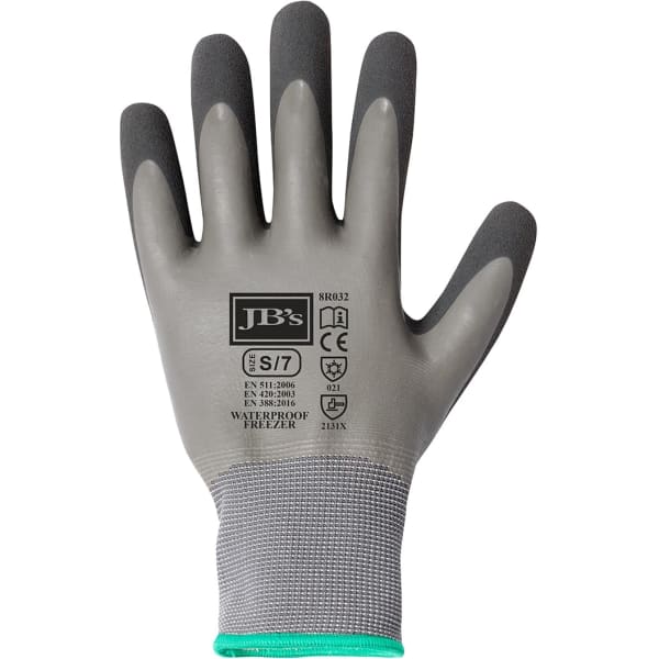 A grey and charcoal waterproof freezer glove with a textured grip and a fitted wrist cuff. It features a logo.