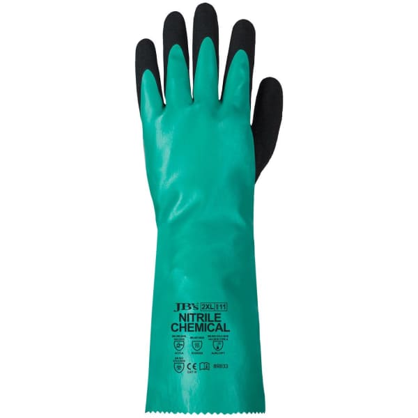 A green and black nitrile chemical glove with a textured surface and a branded logo on the wrist area.