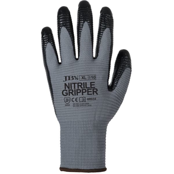A grey and black nitrile gripper glove featuring textured fingertips, with a visible logo on the wrist area.