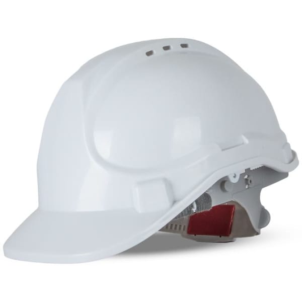 A white safety helmet with a red inner harness, featuring ventilation openings and a smooth surface.