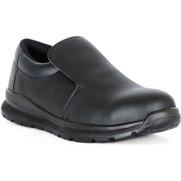 A black slip-on shoe with a smooth leather finish and a rubber sole, featuring a logo.