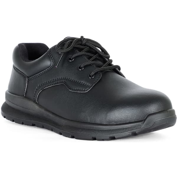 A black lace-up steeltoe shoe with a sleek design, featuring a sturdy sole and a logo.