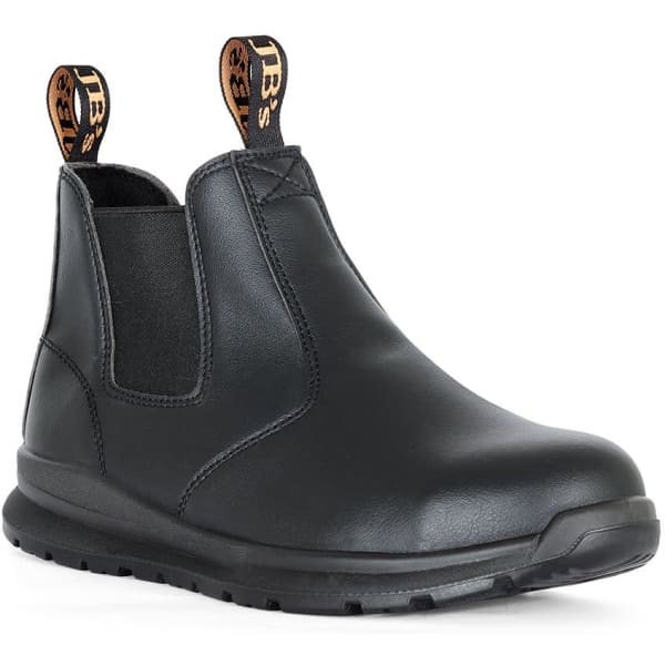 A black microfibre elastic-sided safety boot with pull tabs and a textured sole. It features a branding logo.