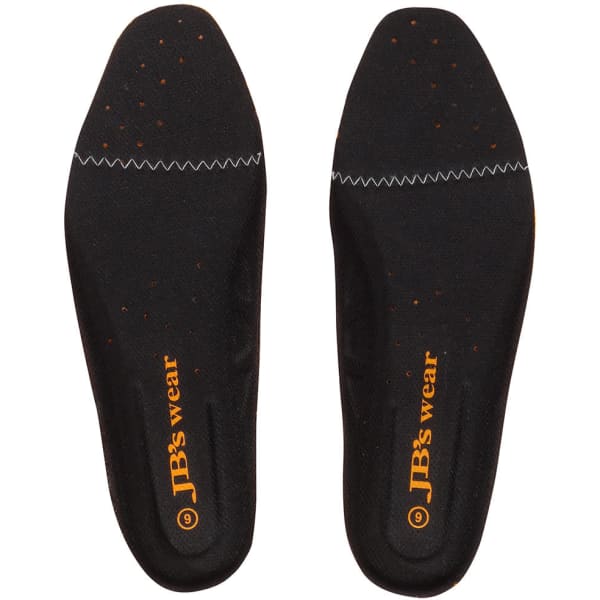 A pair of black insoles with orange branding, featuring a textured surface and perforated design for breathability.