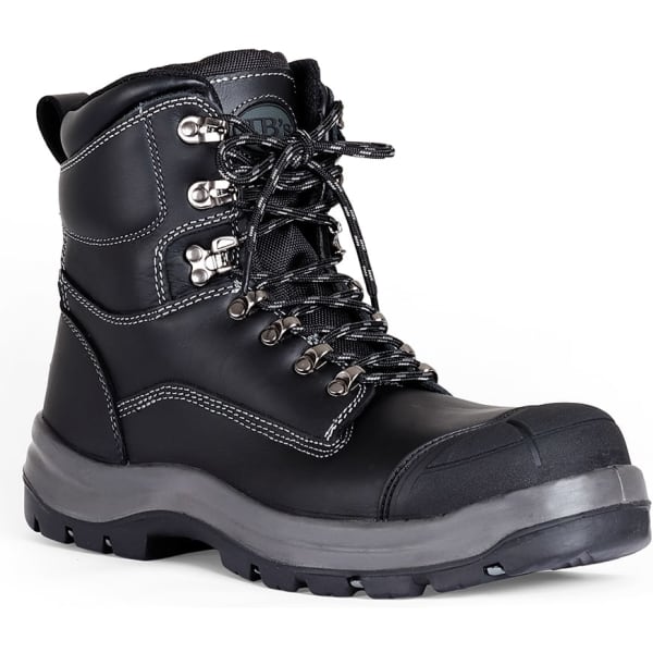 A black lace-up safety boot with silver eyelets and a reinforced toe cap, featuring a sturdy sole and a logo.
