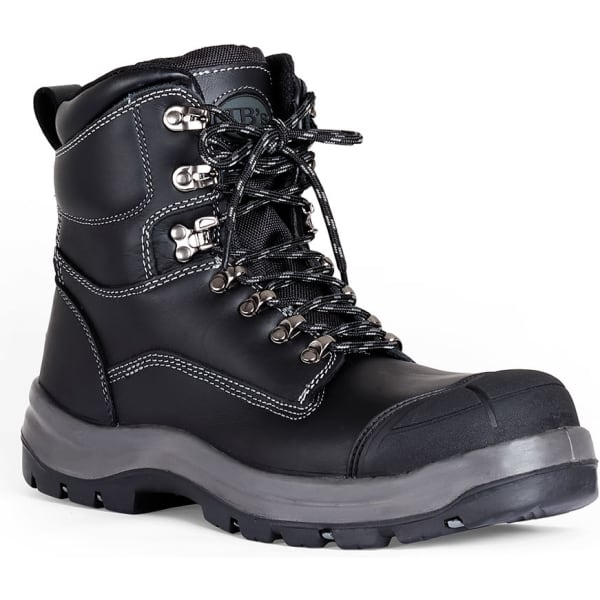 A black safety boot with metal eyelets, laces, and a reinforced toe cap, featuring an embossed logo and rugged sole.
