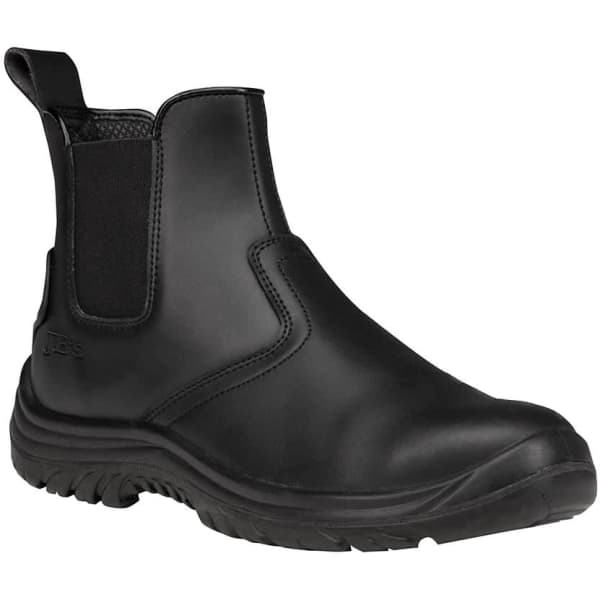 A black elastic-sided safety boot with a rugged sole and branding on the side.