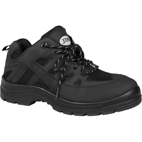A safety sport shoe in black with a sturdy design, featuring black mesh and laces, and a logo on the side.