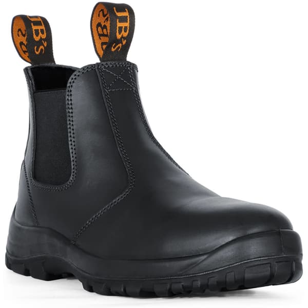 A black soft toe boot featuring elastic side panels and pull tabs for easy wear, with a logo on the heel.