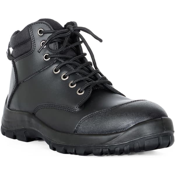 A black safety boot with a zip, lace closure, and a rugged outsole, featuring a logo on the side.