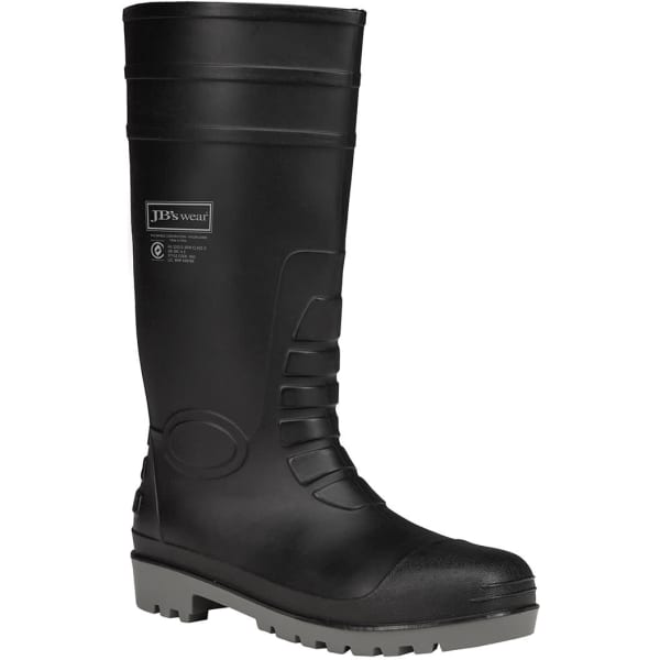 A black durable boot with a textured design, featuring a logo and a sturdy sole for traction.