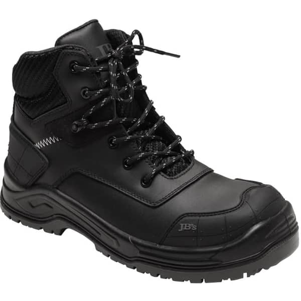 A black safety boot with a high ankle design, featuring laces and a sturdy sole. It has a logo on the side.