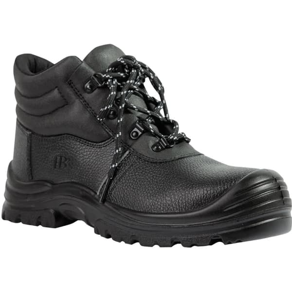 A black lace-up boot with a textured finish and sturdy sole, featuring a logo on the side.