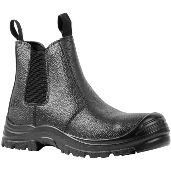 A black elastic-sided boot with a rugged sole and textured finish, featuring a logo on the side.