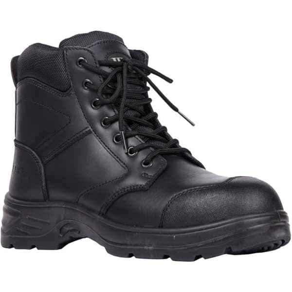 A black composite toe zip boot featuring a lace-up design and sturdy rubber sole. The boot has a textured upper.