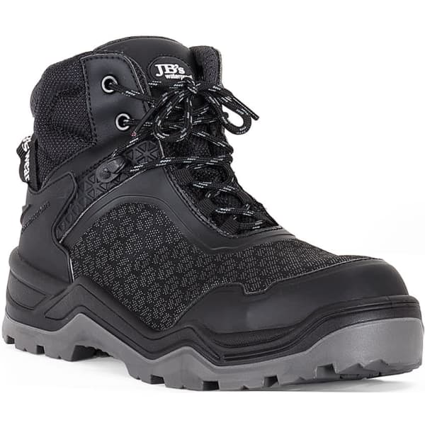 A black waterproof boot featuring a textured fabric and sturdy sole, with laces and a branded logo.