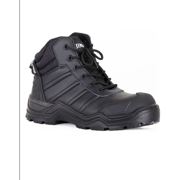 A black safety boot with lace-up design and a protective toe cap, featuring a logo on the tongue and side.